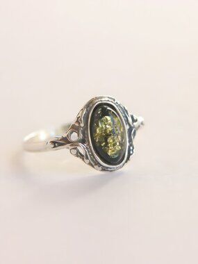 Baltic Green Amber Victorian Ring -Sterling Silver